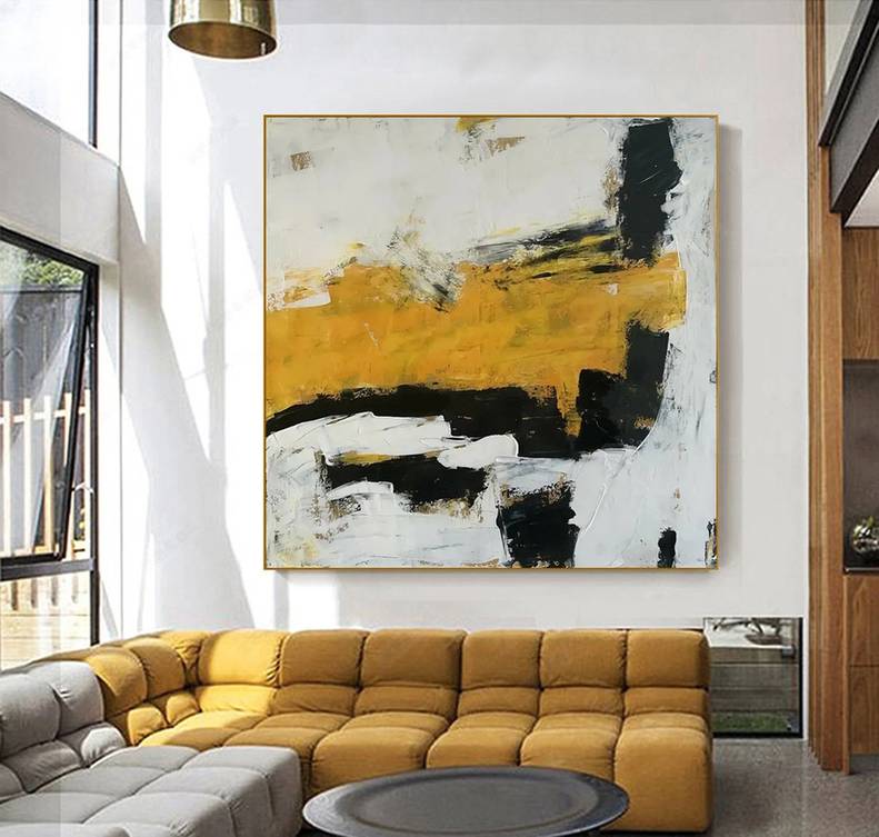 Painting Minimal Black Yellow Abstract Canvas Artwork 9IZM3 wall art